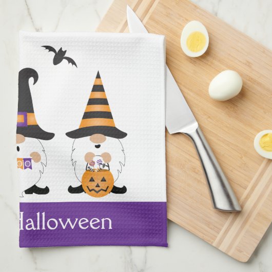 Happy Halloween Gnomes Paars Sinaasappel Theedoek (Quarter Fold)