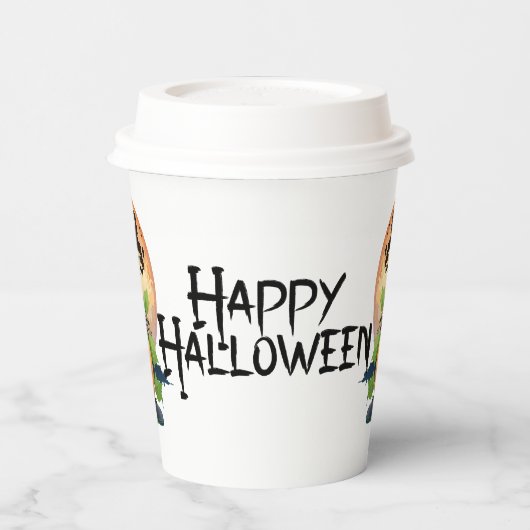 Happy Halloween Goblin verstopt zich achter pompoe Papieren Bekers (Links)