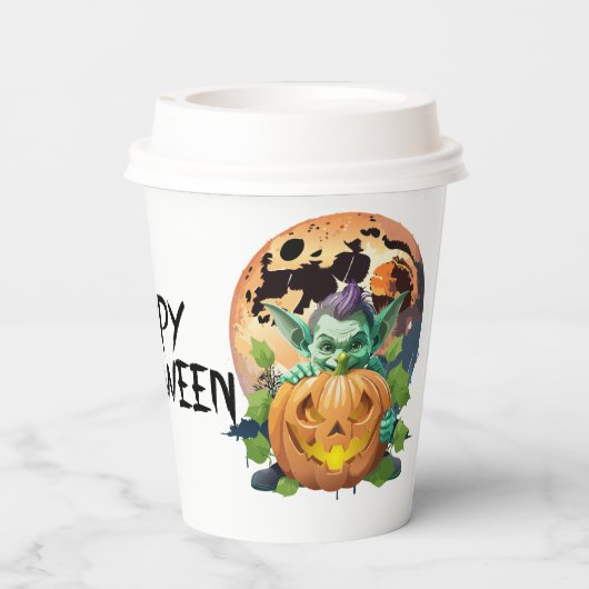 Happy Halloween Goblin verstopt zich achter pompoe Papieren Bekers (Achterkant)