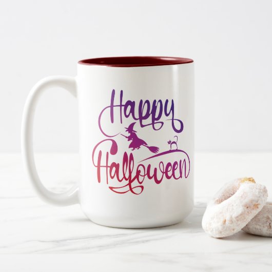 Happy Halloween gradiënt vliegende hekkkat Tweekleurige Koffiemok (Met donut)