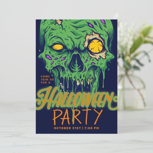Happy Halloween | Green Slimy Zombie Skull Kaart (Staand voorkant)