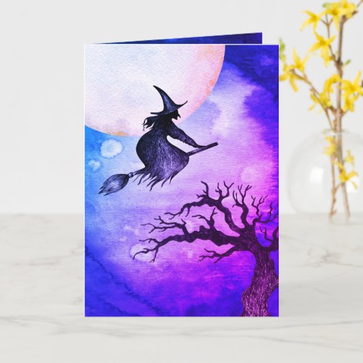 Happy Halloween Greeting Flying Witch Card Kaart (Gele Bloem)