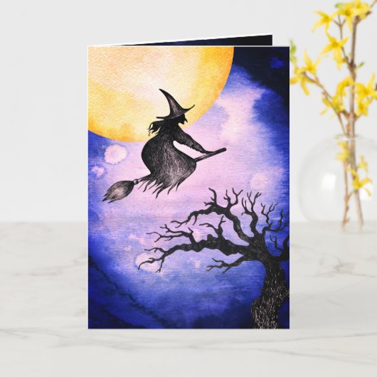 Happy Halloween Greeting Flying Witch Kaart (Gele Bloem)