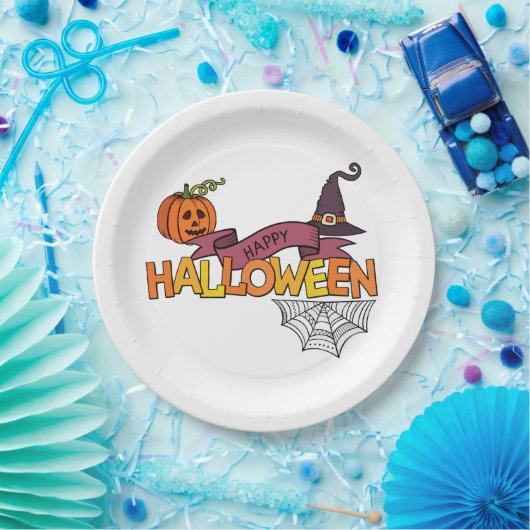 Happy Halloween Greeting, Pumpkin, Spiderweb Witch Papieren Bordje (Feest)