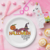Happy Halloween Greeting, Pumpkin, Spiderweb Witch Papieren Bordje (Feest)