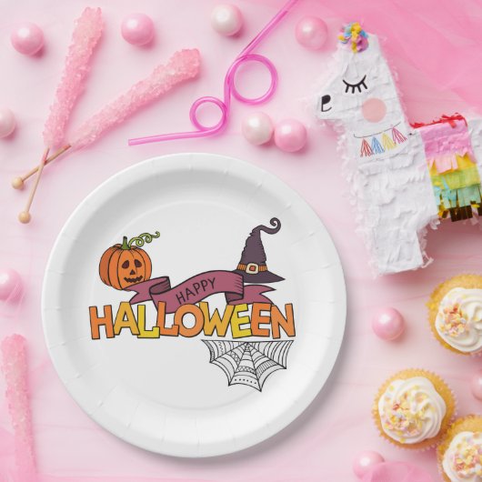 Happy Halloween Greeting, Pumpkin, Spiderweb Witch Papieren Bordje (Feest)