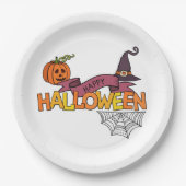 Happy Halloween Greeting, Pumpkin, Spiderweb Witch Papieren Bordje (Voorkant)