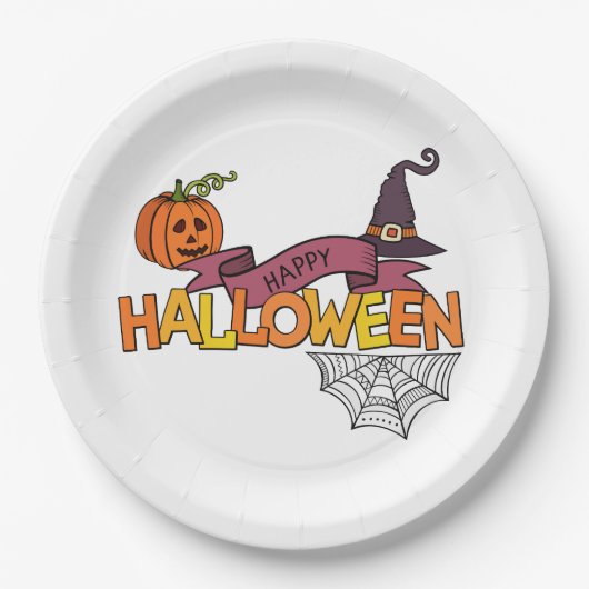 Happy Halloween Greeting, Pumpkin, Spiderweb Witch Papieren Bordje (Voorkant)