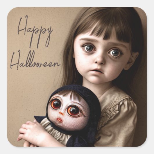 Happy Halloween | griezelig meisje en pop Vierkante Sticker (Voorkant)