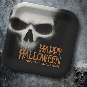 Happy Halloween griezelige spookschedel zwart sina Papieren Bordje
