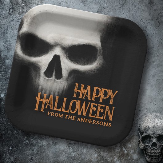 Happy Halloween griezelige spookschedel zwart sina Papieren Bordje