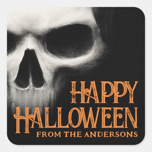 Happy Halloween griezelige spookschedel zwart sina Vierkante Sticker (Voorkant)