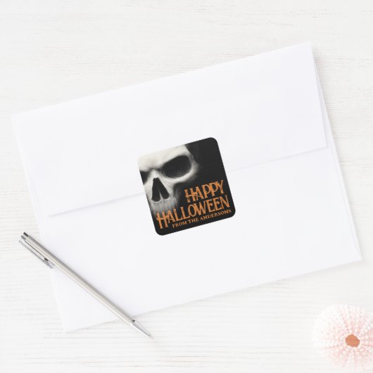Happy Halloween griezelige spookschedel zwart sina Vierkante Sticker (Envelop)
