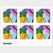Happy Halloween Hand getekende heks en Full Moon Vierkante Sticker (Vel)