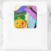 Happy Halloween Hand getekende heks en Full Moon Vierkante Sticker (Tas)