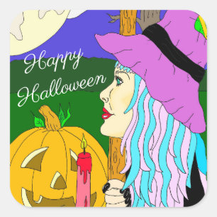 Happy Halloween Hand getekende heks en Full Moon Vierkante Sticker