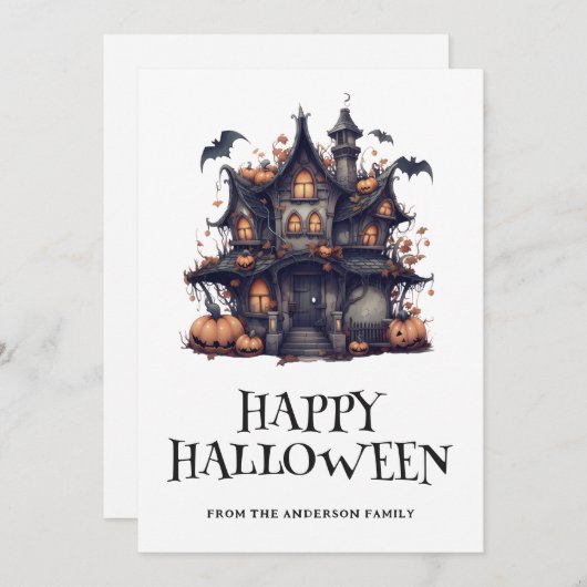 Happy Halloween Haunted House Bats Pumpkins Kaart (Voorkant / Achterkant)