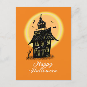 Happy Halloween Haunted House Black Sinaasappel Briefkaart