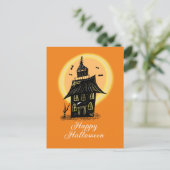 Happy Halloween Haunted House Black Sinaasappel Briefkaart (Staand voorkant)