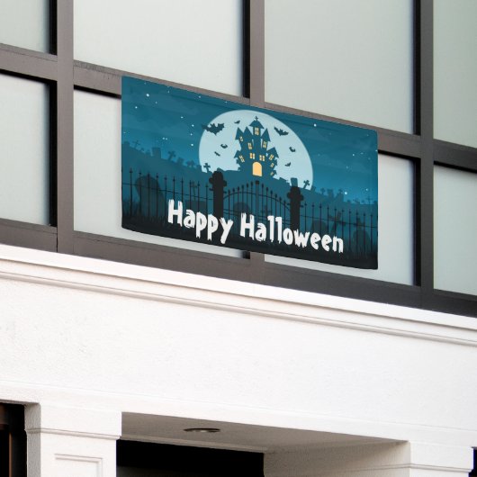 Happy Halloween Haunted House en Grave Yard Spandoek (Buitenkant Gebouw)