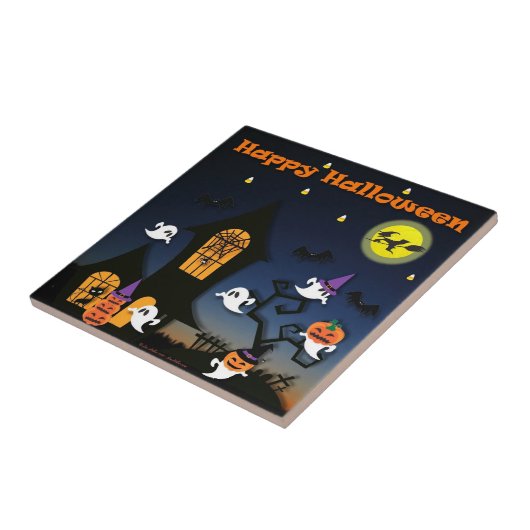 Happy Halloween Haunted House Ghosts Bats Tile Tegeltje (Zijkant)