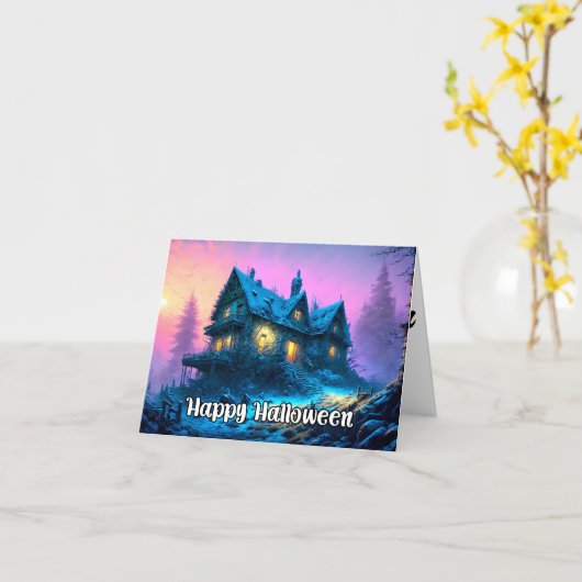 Happy Halloween Haunted House Kaart (Gele Bloem)