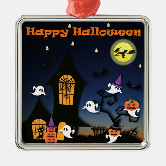Happy Halloween Haunted House Metalen Ornament (Voorkant)