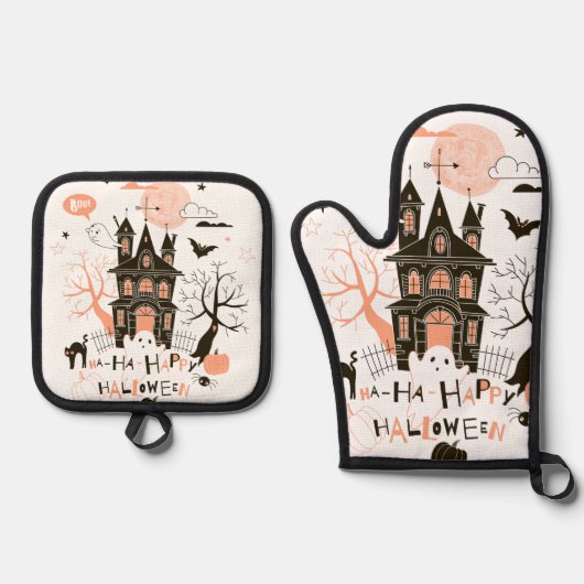Happy Halloween Haunted House Ovenwant & Pannenlap Set (Voorkant)