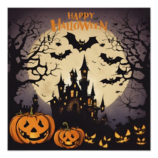 Happy Halloween - Haunted House, pompoenen en vlee Perfect Poster (Voorkant)