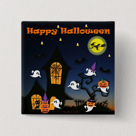 Happy Halloween Haunted House Vierkante Button 5,1 Cm