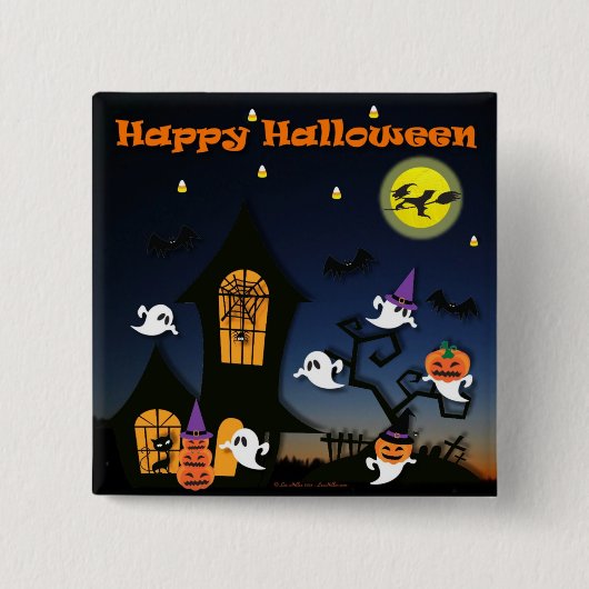 Happy Halloween Haunted House Vierkante Button 5,1 Cm (Voorkant)