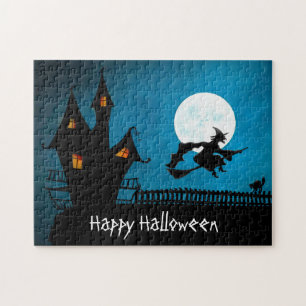 Happy Halloween Haunted House Witch Broomstick Cat Legpuzzel