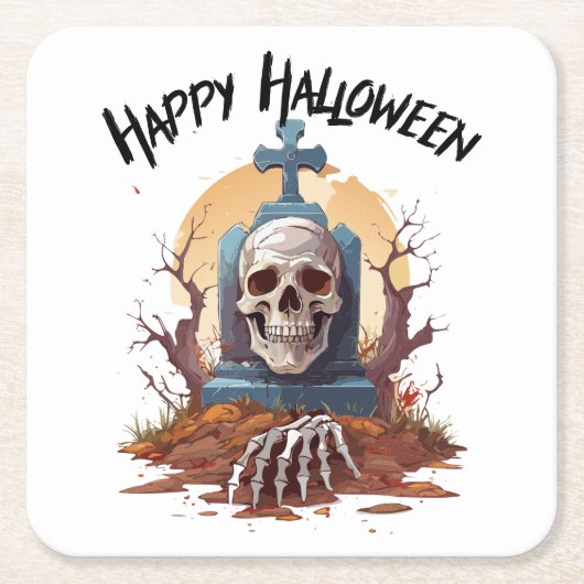 Happy Halloween Head Stone en Skeleton Kartonnen Onderzetters (Voorkant)