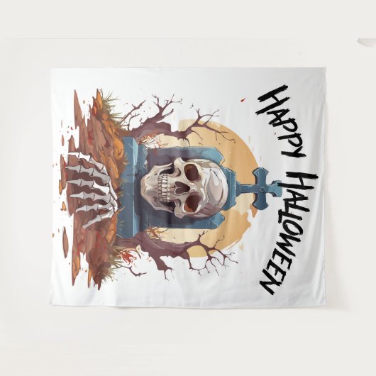 Happy Halloween Head Stone en Skeleton Wandkleed (Voorkant (horizontaal))