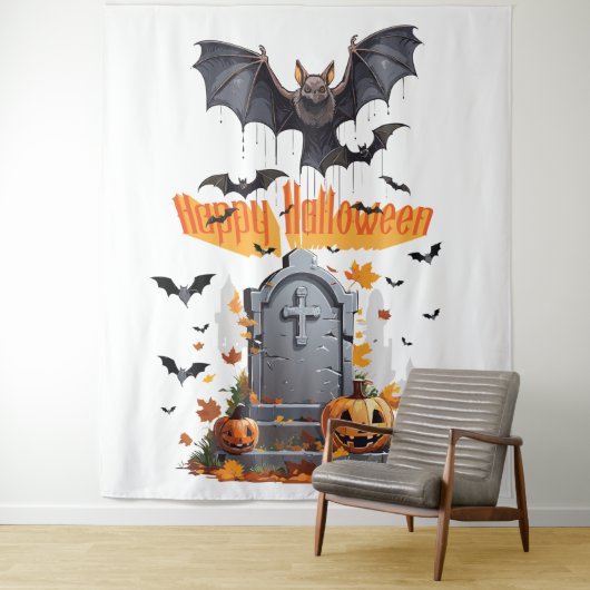 Happy Halloween Head Stone en Vampire Bats Wandkleed (In situ)