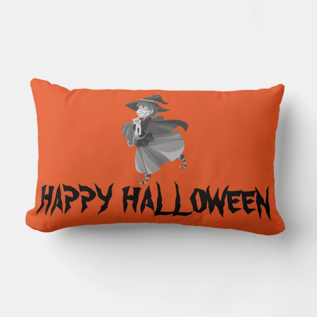 Happy Halloween-heks met haar Broom Oranje Throw Kussen (Voorkant)