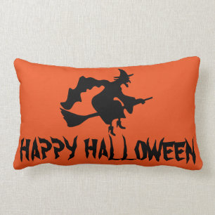 Happy Halloween-heks met haar Broom Oranje Throw Kussen