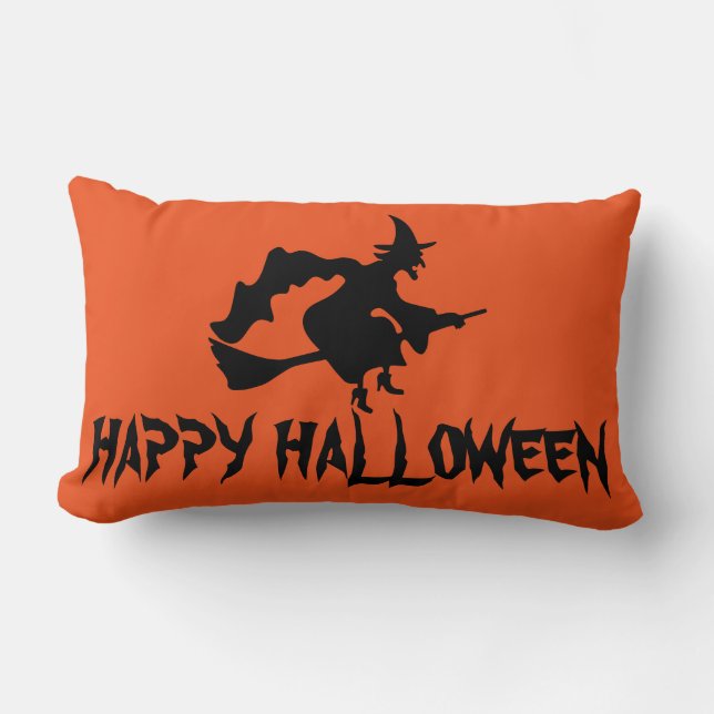 Happy Halloween-heks met haar Broom Oranje Throw Kussen (Voorkant)