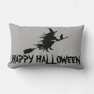 Happy Halloween-heks met haar Broom Oranje Throw Kussen