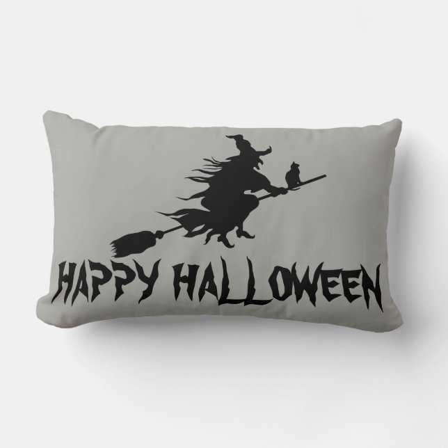 Happy Halloween-heks met haar Broom Oranje Throw Kussen (Voorkant)