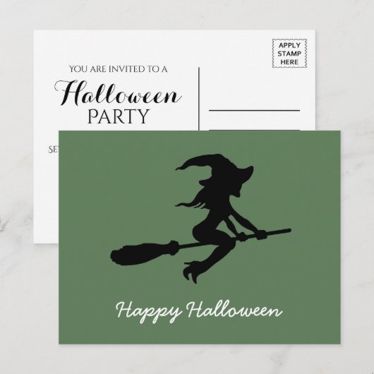 Happy Halloween, heks on Broomstick Uitnodiging Briefkaart (Voorkant / Achterkant)
