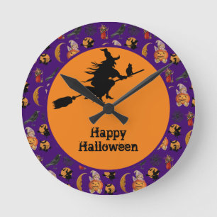 Happy Halloween-heks op een thuisdecor in Broom Ronde Klok
