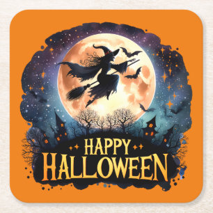 Happy Halloween - Heks op vliegende Broom Kartonnen Onderzetters