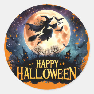 Happy Halloween - Heks op vliegende Broom Ronde Sticker