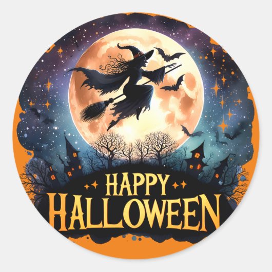 Happy Halloween - Heks op vliegende Broom Ronde Sticker (Voorkant)