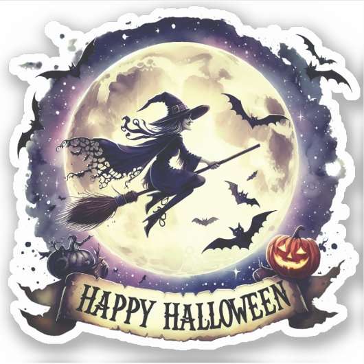 Happy Halloween - Heks op vliegende Broom Sticker (Voorkant)