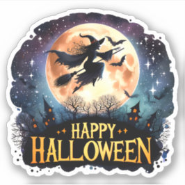 Happy Halloween - Heks op vliegende Broom Sticker