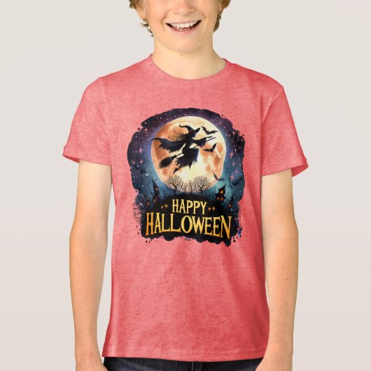 Happy Halloween - Heks op vliegende Broom Tri-Blend Shirt (Voorkant)