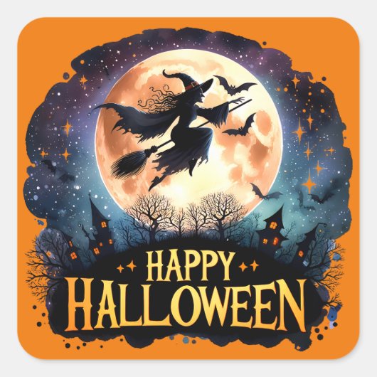 Happy Halloween - Heks op vliegende Broom Vierkante Sticker (Voorkant)