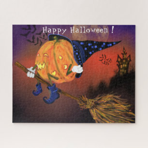 Happy Halloween-heks-pompoen vliegen met een kamer Legpuzzel